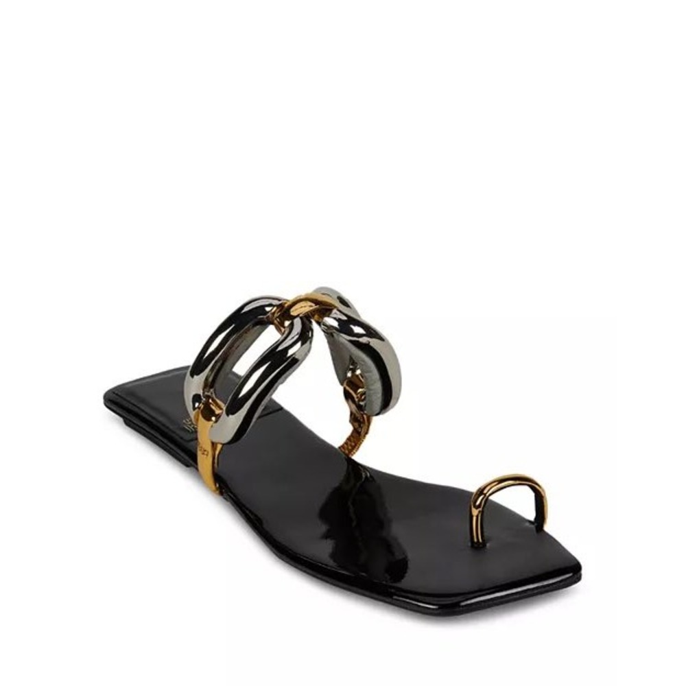Jeffrey Campbell Black Patent Mixed Metal Chain Link Toe Ring Flat Sandals 6